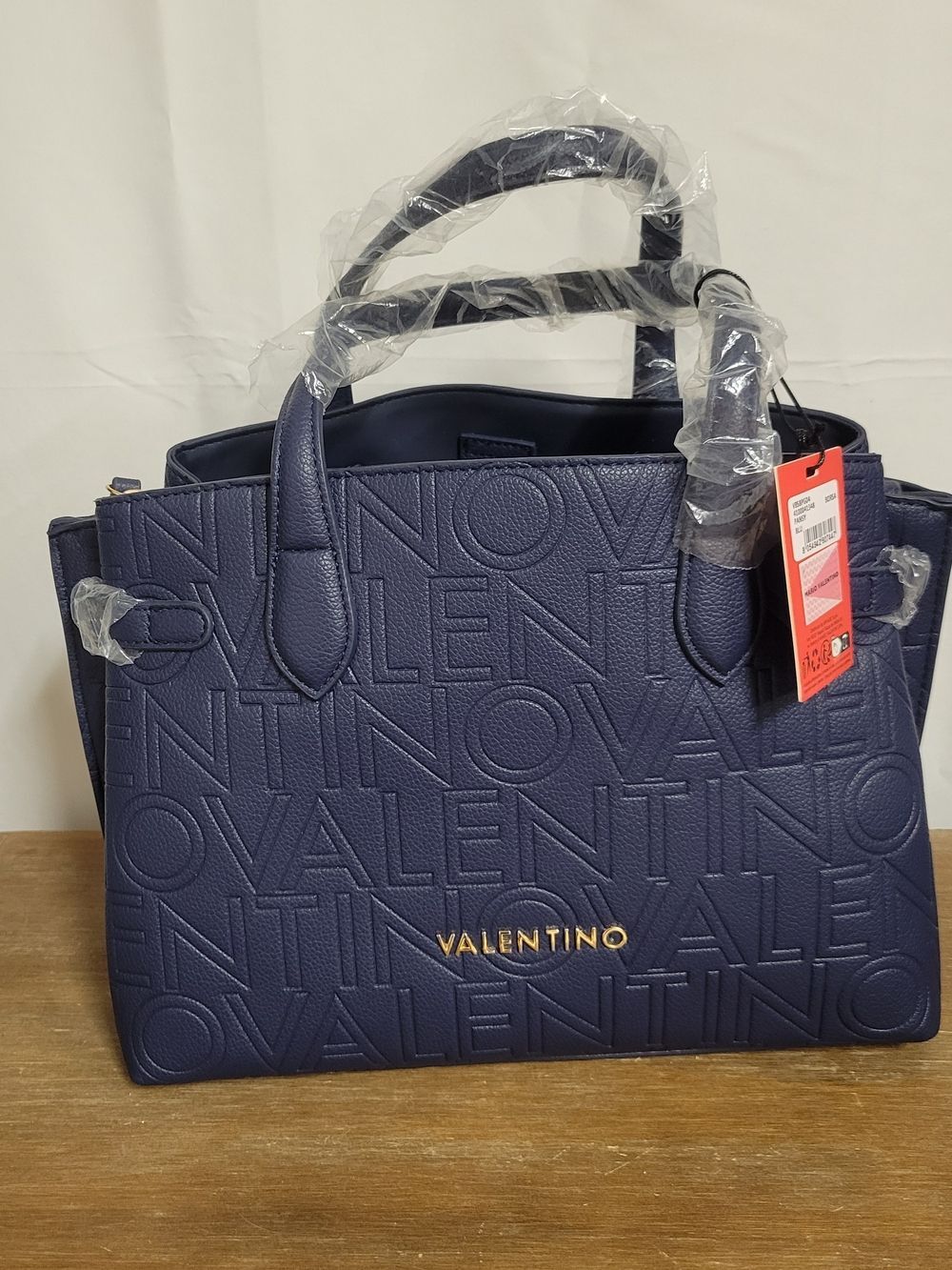 Valentino Bags Pansy Faux Leather Tote Handbag Blue Embossed Repeating Logo NWT